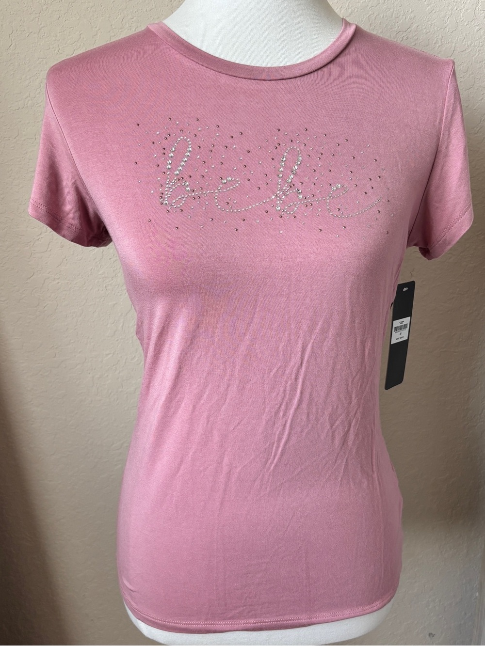 Bebe Rhinestone NWT Logo Short Sleeve T Shirt Mauve Pink Y2K Baby Tee Bling M